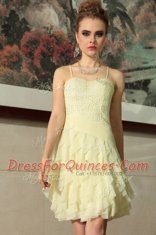 Custom Made Ruffled Spaghetti Straps Sleeveless Side Zipper Prom Dress Light Yellow Chiffon