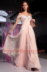 Pink Spaghetti Straps Backless Beading and Ruching Prom Dress Short Sleeves