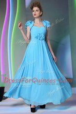 Baby Blue Empire Beading and Hand Made Flower Zipper Chiffon Cap Sleeves Floor Length