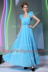 Baby Blue Empire Beading and Hand Made Flower Zipper Chiffon Cap Sleeves Floor Length
