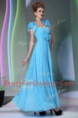 Baby Blue Empire Beading and Hand Made Flower Zipper Chiffon Cap Sleeves Floor Length