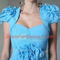 Baby Blue Empire Beading and Hand Made Flower Zipper Chiffon Cap Sleeves Floor Length