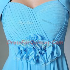 Baby Blue Empire Beading and Hand Made Flower Zipper Chiffon Cap Sleeves Floor Length