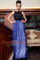 Superior Blue And Black Side Zipper Prom Gown Beading and Appliques Sleeveless Floor Length
