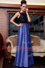 Superior Blue And Black Side Zipper Prom Gown Beading and Appliques Sleeveless Floor Length