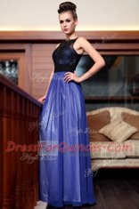 Superior Blue And Black Side Zipper Prom Gown Beading and Appliques Sleeveless Floor Length