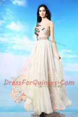 White Side Zipper Scoop Appliques and Ruching and Pattern Evening Dress Chiffon Sleeveless