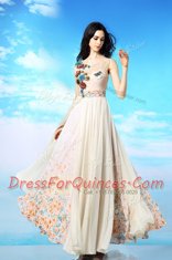 White Side Zipper Scoop Appliques and Ruching and Pattern Evening Dress Chiffon Sleeveless