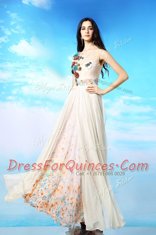 White Side Zipper Scoop Appliques and Ruching and Pattern Evening Dress Chiffon Sleeveless