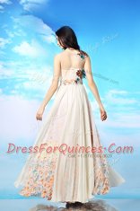 White Side Zipper Scoop Appliques and Ruching and Pattern Evening Dress Chiffon Sleeveless