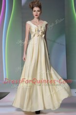Shining Scoop Floor Length Side Zipper Evening Dress Light Yellow for Prom and Party with Beading and Ruching and Hand Made Flower