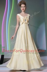 Shining Scoop Floor Length Side Zipper Evening Dress Light Yellow for Prom and Party with Beading and Ruching and Hand Made Flower