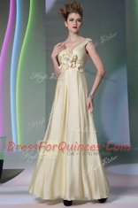 Shining Scoop Floor Length Side Zipper Evening Dress Light Yellow for Prom and Party with Beading and Ruching and Hand Made Flower