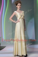 Shining Scoop Floor Length Side Zipper Evening Dress Light Yellow for Prom and Party with Beading and Ruching and Hand Made Flower