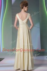 Shining Scoop Floor Length Side Zipper Evening Dress Light Yellow for Prom and Party with Beading and Ruching and Hand Made Flower