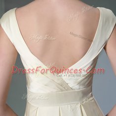 Shining Scoop Floor Length Side Zipper Evening Dress Light Yellow for Prom and Party with Beading and Ruching and Hand Made Flower