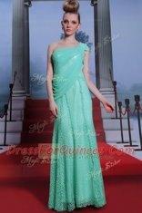 Graceful One Shoulder Sleeveless Chiffon Floor Length Side Zipper Prom Party Dress in Turquoise with Ruching