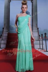 Graceful One Shoulder Sleeveless Chiffon Floor Length Side Zipper Prom Party Dress in Turquoise with Ruching