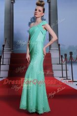 Graceful One Shoulder Sleeveless Chiffon Floor Length Side Zipper Prom Party Dress in Turquoise with Ruching
