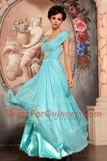 Off the Shoulder Floor Length Aqua Blue Prom Gown Chiffon Cap Sleeves Beading