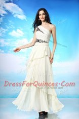 White Column/Sheath Chiffon One Shoulder Sleeveless Appliques and Ruffled Layers Ankle Length Side Zipper Dress for Prom