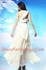 White Column/Sheath Chiffon One Shoulder Sleeveless Appliques and Ruffled Layers Ankle Length Side Zipper Dress for Prom