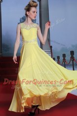 Scoop Lace Homecoming Dress Yellow Side Zipper Sleeveless Floor Length