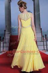 Scoop Lace Homecoming Dress Yellow Side Zipper Sleeveless Floor Length