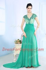Eye-catching V-neck Cap Sleeves Brush Train Side Zipper Evening Dress Turquoise Chiffon