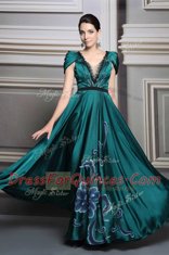 Floor Length Dark Green Prom Gown Satin Short Sleeves Beading and Embroidery and Belt