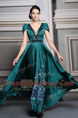 Floor Length Dark Green Prom Gown Satin Short Sleeves Beading and Embroidery and Belt
