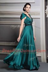 Floor Length Dark Green Prom Gown Satin Short Sleeves Beading and Embroidery and Belt