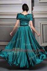 Floor Length Dark Green Prom Gown Satin Short Sleeves Beading and Embroidery and Belt