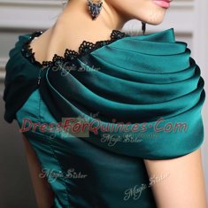 Floor Length Dark Green Prom Gown Satin Short Sleeves Beading and Embroidery and Belt