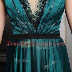 Floor Length Dark Green Prom Gown Satin Short Sleeves Beading and Embroidery and Belt