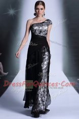 Attractive Black Side Zipper One Shoulder Embroidery Prom Dress Tulle and Lace Sleeveless