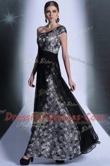 Attractive Black Side Zipper One Shoulder Embroidery Prom Dress Tulle and Lace Sleeveless