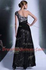 Attractive Black Side Zipper One Shoulder Embroidery Prom Dress Tulle and Lace Sleeveless