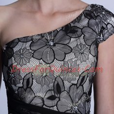 Attractive Black Side Zipper One Shoulder Embroidery Prom Dress Tulle and Lace Sleeveless