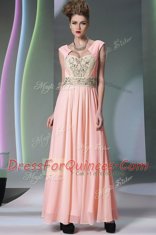 Exceptional Pink Column/Sheath Chiffon Sweetheart Cap Sleeves Embroidery and Ruching Ankle Length Side Zipper Prom Dress