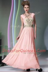 Exceptional Pink Column/Sheath Chiffon Sweetheart Cap Sleeves Embroidery and Ruching Ankle Length Side Zipper Prom Dress