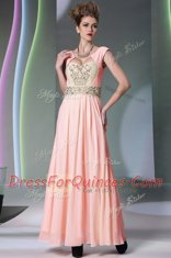 Exceptional Pink Column/Sheath Chiffon Sweetheart Cap Sleeves Embroidery and Ruching Ankle Length Side Zipper Prom Dress