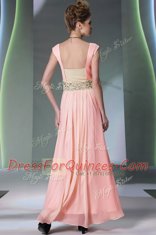 Exceptional Pink Column/Sheath Chiffon Sweetheart Cap Sleeves Embroidery and Ruching Ankle Length Side Zipper Prom Dress