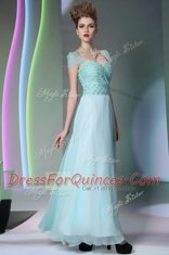 Sumptuous Floor Length Side Zipper Evening Dress Light Blue for Prom and Party with Beading and Lace