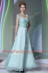 Sumptuous Floor Length Side Zipper Evening Dress Light Blue for Prom and Party with Beading and Lace