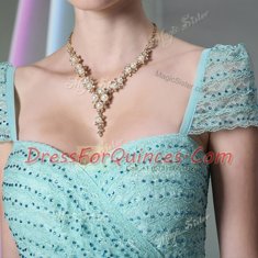 Sumptuous Floor Length Side Zipper Evening Dress Light Blue for Prom and Party with Beading and Lace