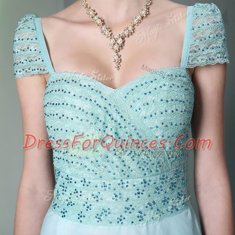Sumptuous Floor Length Side Zipper Evening Dress Light Blue for Prom and Party with Beading and Lace
