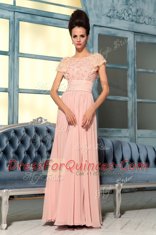 Beautiful Bateau Cap Sleeves Floor Length Lace and Hand Made Flower Pink Chiffon