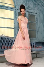 Beautiful Bateau Cap Sleeves Floor Length Lace and Hand Made Flower Pink Chiffon