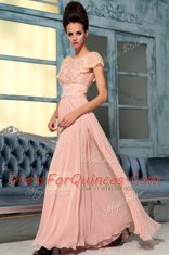 Beautiful Bateau Cap Sleeves Floor Length Lace and Hand Made Flower Pink Chiffon